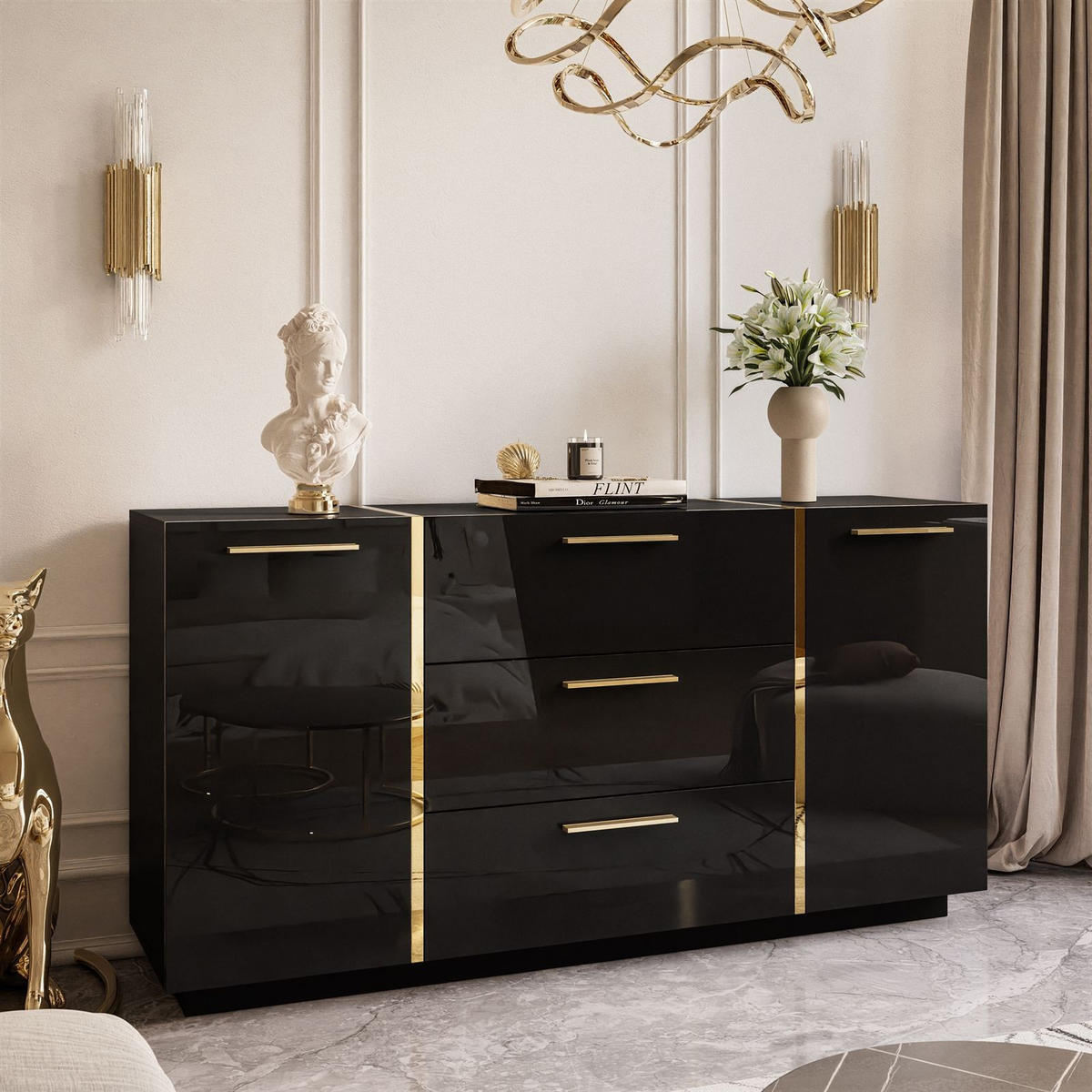 KOMMODE MIT SCHUBLADEN ONYX HOCHGLANZ 158 CM - Schwarz, Holzwerkstoff (158/81/41.3cm) - Lookway