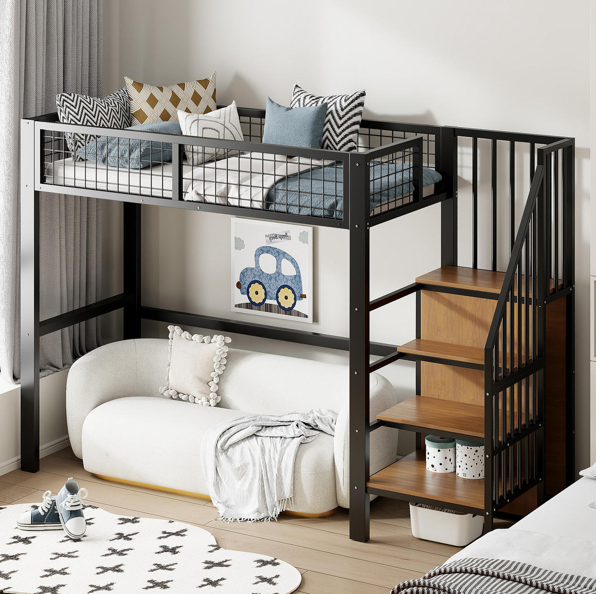 HOCHBETT aus MDF und Metall 90x200 cm Schwarz mit Kleiderschrank und Leiter - Schwarz, Metall (90/200cm) - IVMEU