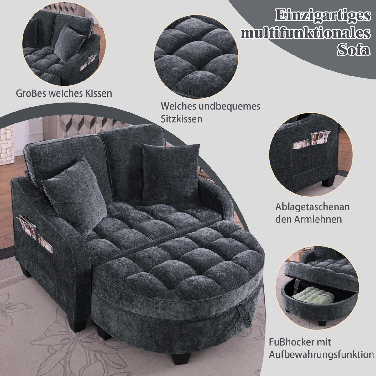 SOFA-BETT 132/129/93 cm aus Eukalyptusholz mit Aufbewahrungshocker Schwarz - Schwarz, Holz (129/93/132cm) - Modenvie