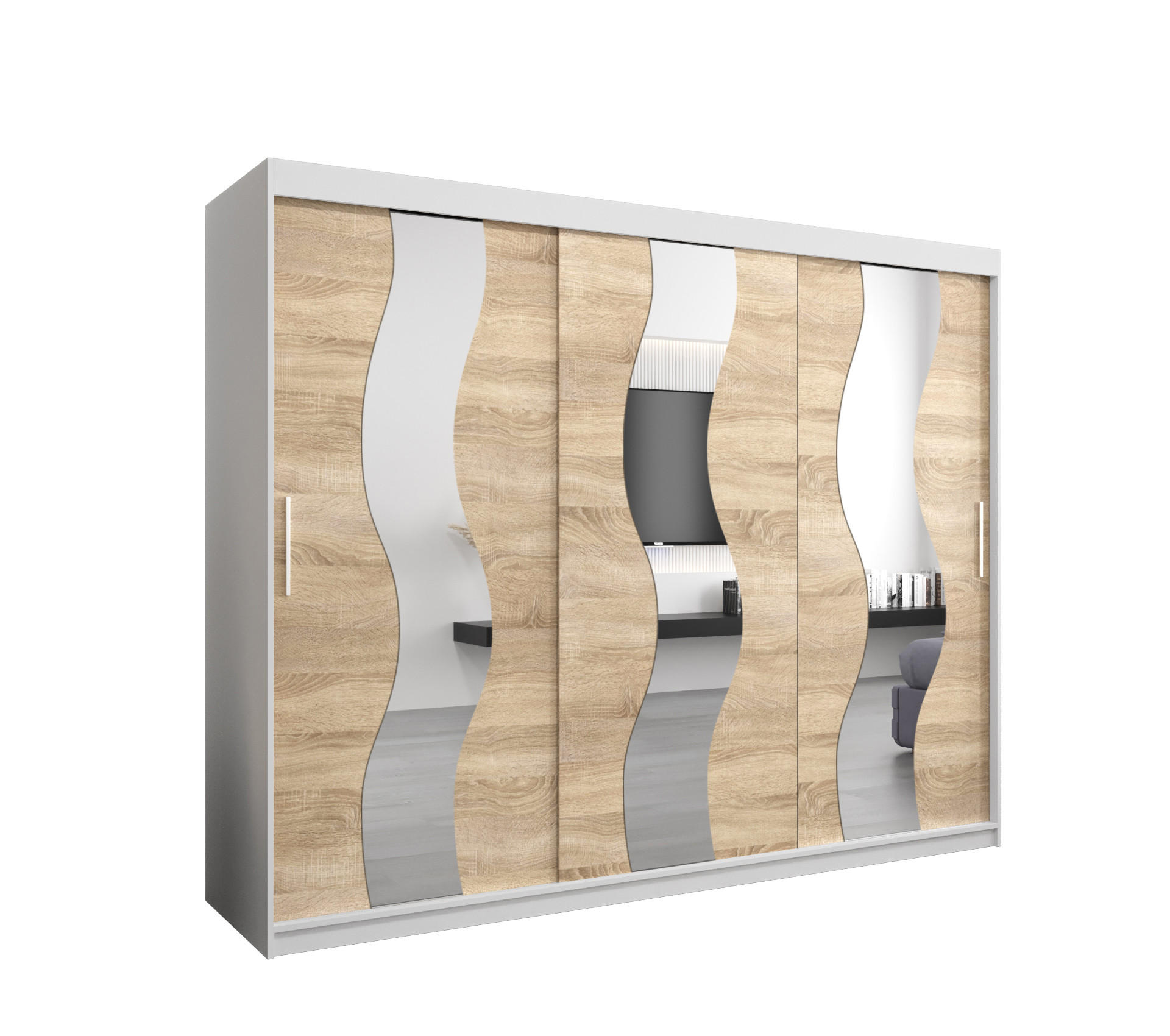 Abiks Möbel Schwebetürenschrank Weiß, Sonoma Eiche 250x200x62 cm