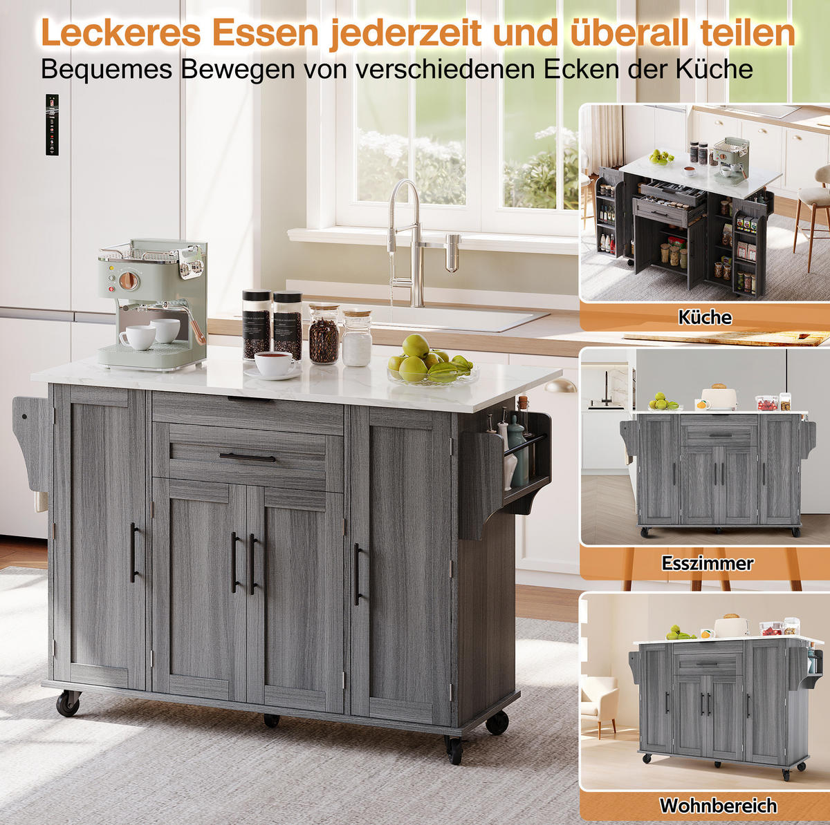 KÜCHENINSEL 136/70/92 cm mit ausziehbarer Arbeitsplatte, 2 Schubladen und Rollen aus MDF, Grau - Grau, Holzwerkstoff (136/92/70cm) - Redom