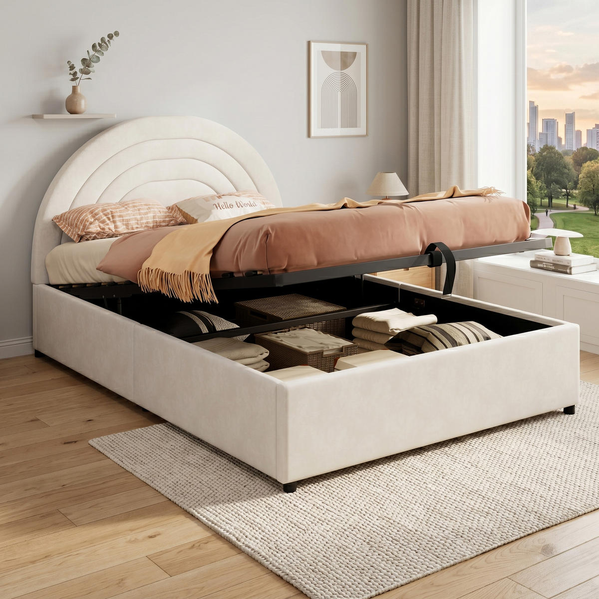 POLSTERBETT Beige Samt 140x190 Lattenrost Kopfteil Holz - Beige, Textil (140/190cm) - FLIEKS