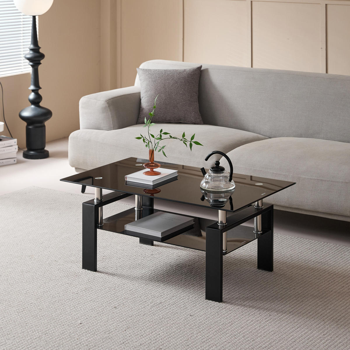 COUCHTISCH mit 2 Glasböden 100x60 cm Glas Metall Schwarz - Schwarz, Metall (100/60/44cm) - Meubliv