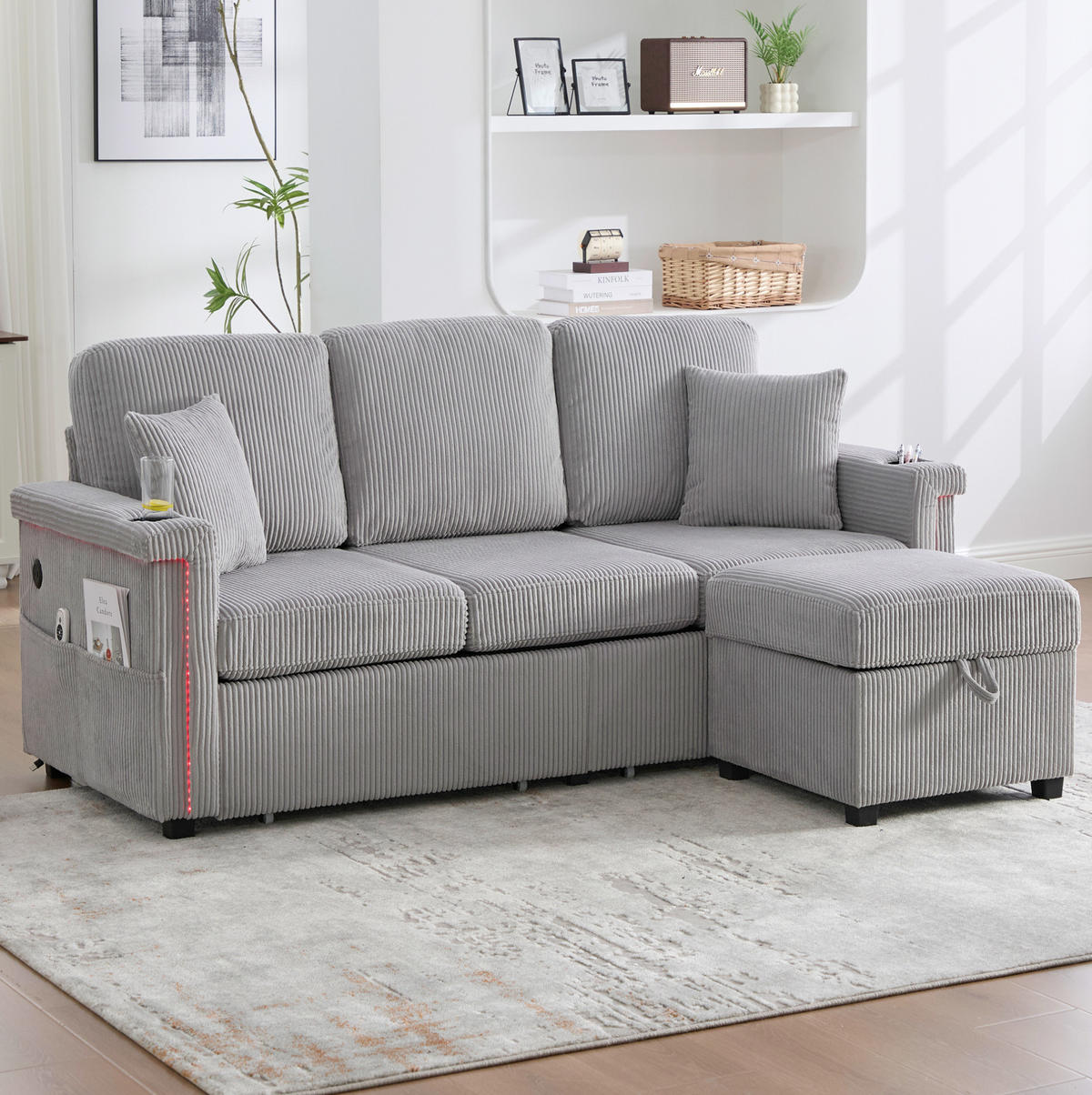 SOFA mit LED und USB/Type-C 194 x 73 x 81 cm Corduroy Hellgrau - Hellgrau, Kunststoff (194/81/73cm) - Meubliv