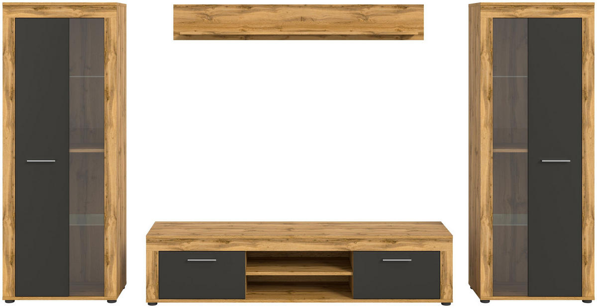WOHNWAND Milo 4 tlg. (B/H/T: ca. 310/159/40 cm) in Wotan Eiche /grau - Eiche Wotan, Holzwerkstoff (310/159/40cm)