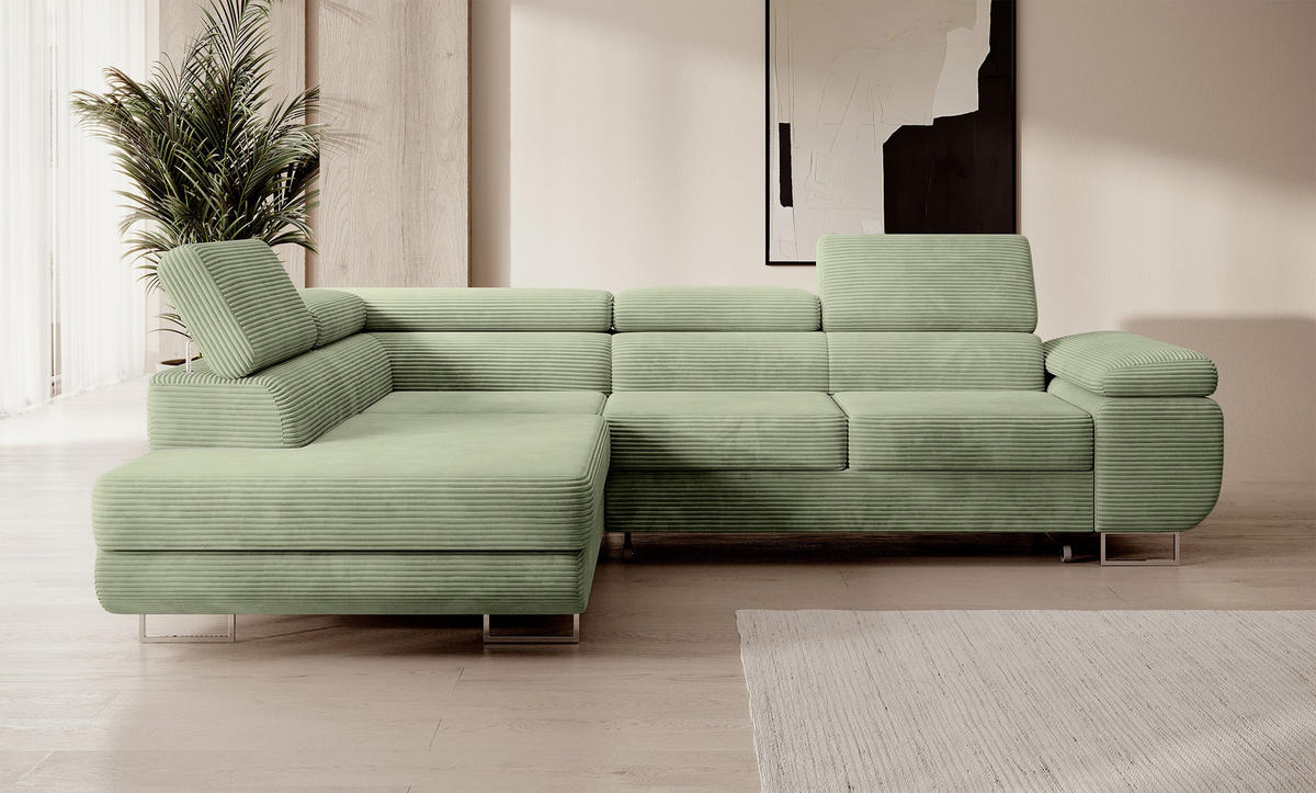 ECKSOFA Stevil Salbeigrün Cordbezug - Salbeigrün/Silberfarben, Textil/Metall (275/203cm) - Selsey