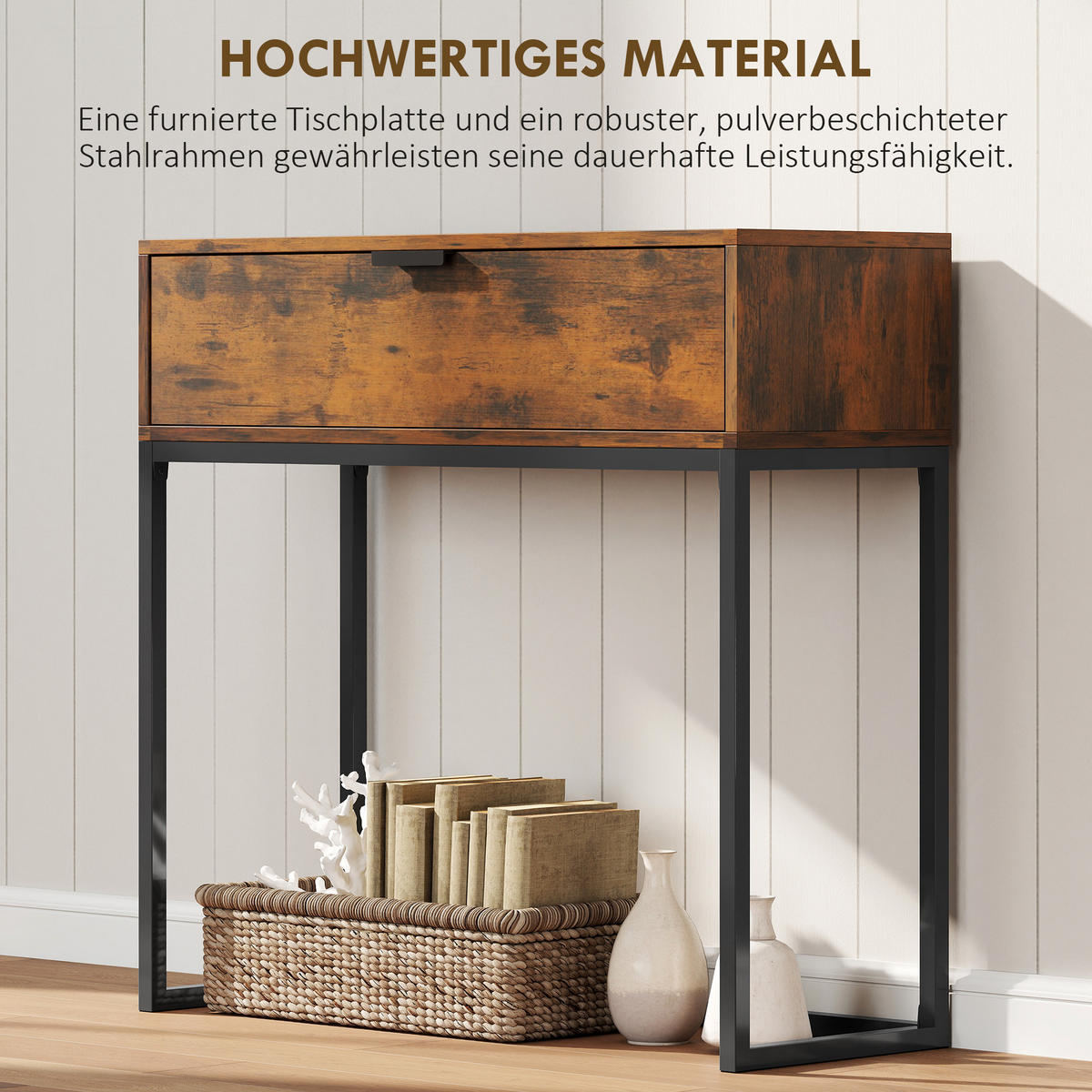 KONSOLENTISCH Flurtisch mit Schublade Stahlrahmen Beistelltisch Rustikal-Braun - Schwarz/Braun, Holzwerkstoff/Metall (80/30/76cm) - HOMCOM