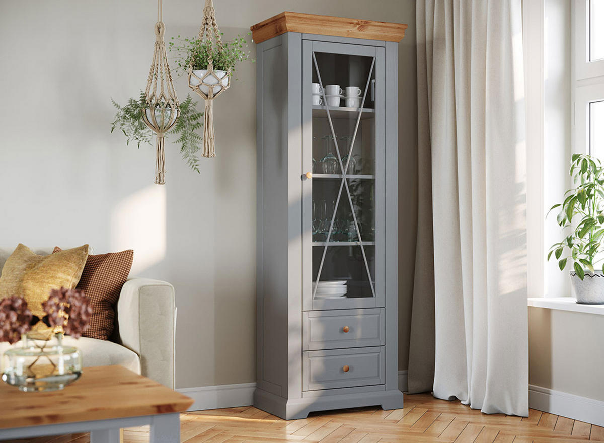 STANDVITRINE Marone Elite Grau / Kiefer Natur 70 / 41 / 200cm - Grau/Kieferfarben, Holz (70/200/41cm) - Feldmann-Wohnen