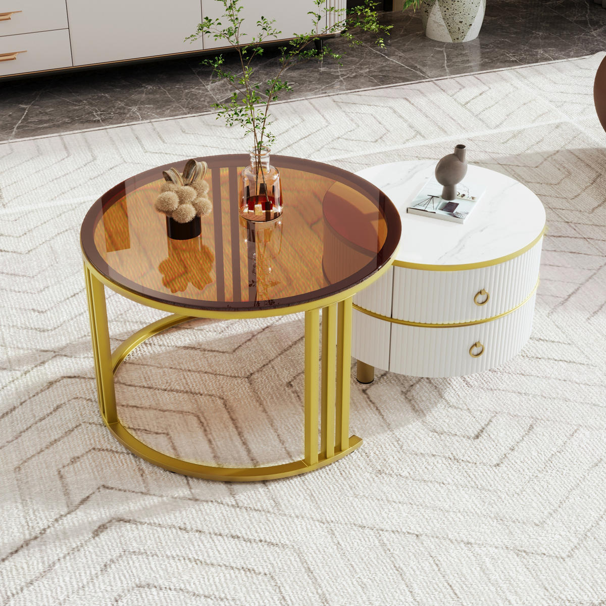 COUCHTISCH-SET 2-teilig, rund, MDF & Hartglas, 2 Schubladen, 70/70/45 + 50/50/40 cm，Weiß - Weiß, Holzwerkstoff (70/70/45cm) - Redom