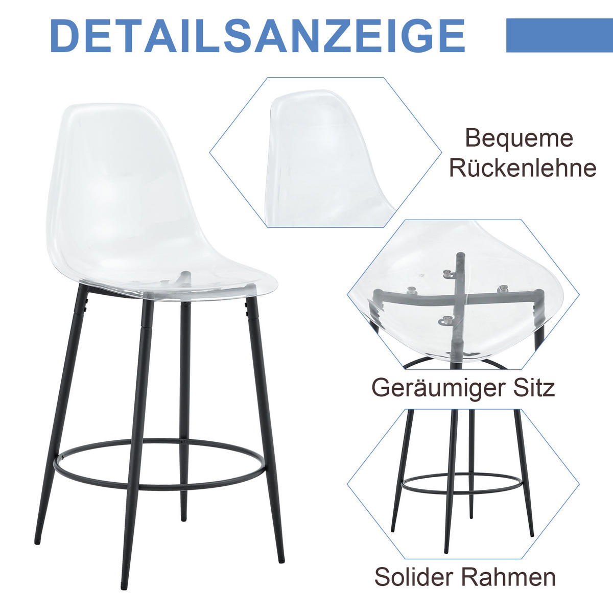 BARHOCKER 2er-Set Schwarz mit transparenter Sitzfläche - Schwarz, Metall (48.5/102/48.5cm) - PANGIVO