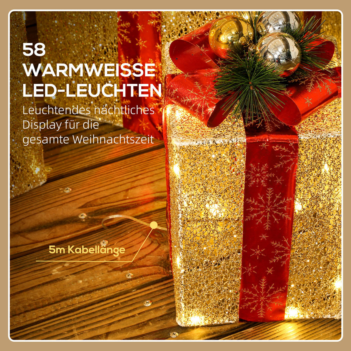 WEIHNACHTS-GESCHENKBOXEN-SET für Innen- und Außendekoration, mit 58 LED-Lichtern, Goldton - Goldfarben, Kunststoff/Metall (25.5/35/25.5cm) - Outsunny