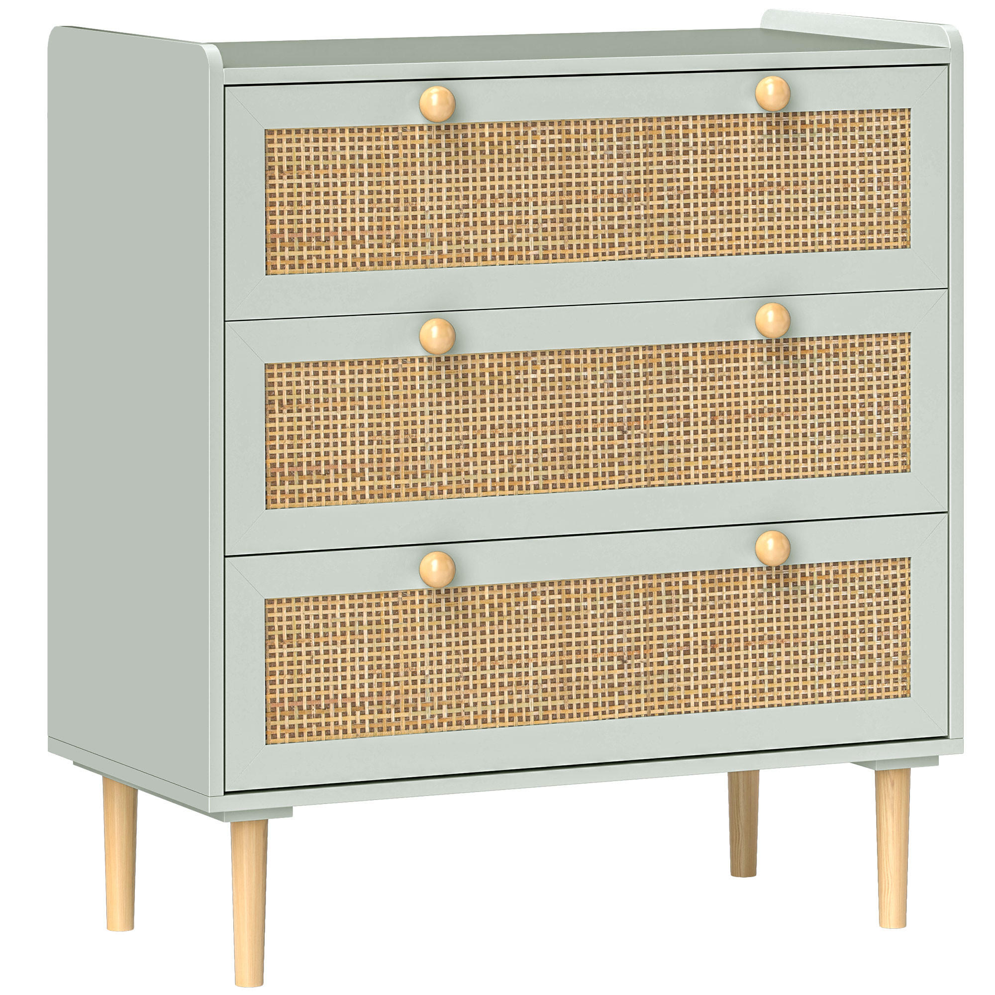 KOMOODE DE-12868 3 Schubladen mit Rattan Olivgrün - Grün, Holzwerkstoff (80/87.5/40cm) - ComfortXL