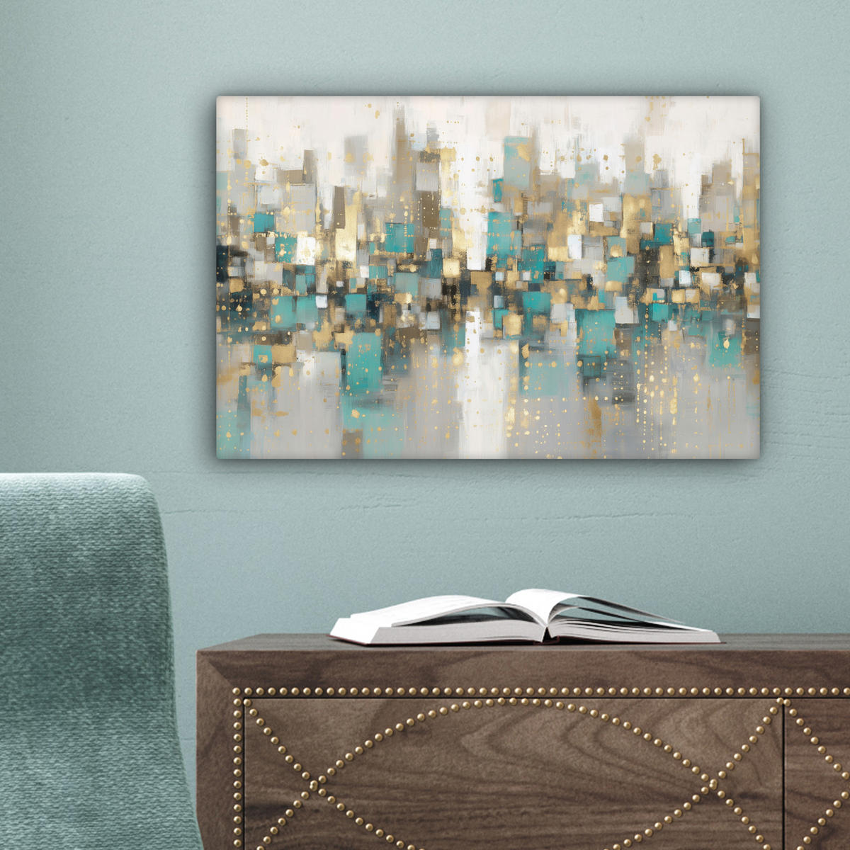 LEINWANDBILD Abstrakt - Blöcke - Gold - Skyline Deko Schlafzimmer 30x20 cm - Beige, Textil (30/20cm) - MuchoWow