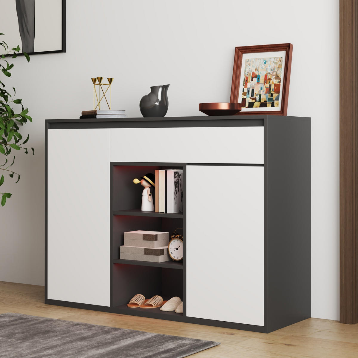 SCHUHSCHRANK 2 Türen 1 Schublade LED Schwarz Weiß Stauraum - Schwarz, Holzwerkstoff (39.5/86/105cm) - FLIEKS