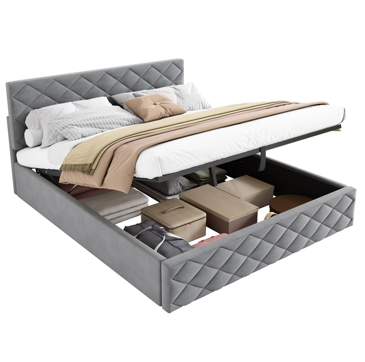POLSTERBETT 140/200 cm grau aus Samt mit Stauraum - Grau, Textil (140/200cm) - OKMYHOME