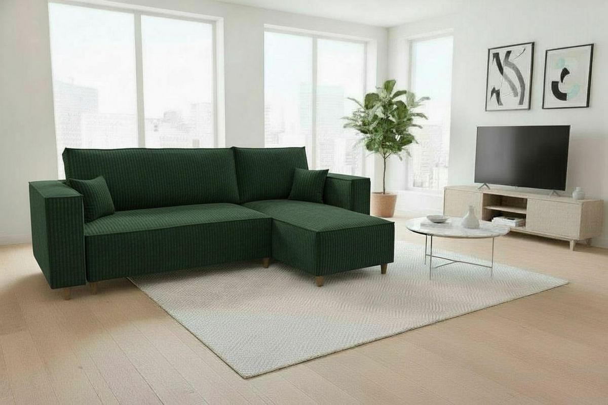 ECKSOFA RIO mit Schlaffunktion und Bettkasten, Farbe: Grün, Cordstoff, Ottomane Universal - Grün, Textil (249/142cm) - Marpur
