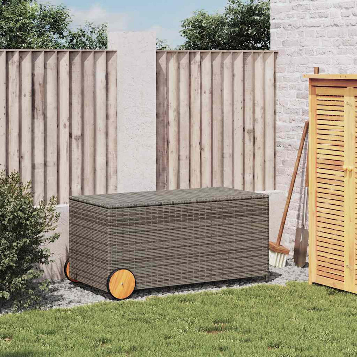 GARTENTRUHE mit Rollen Grau 190L Poly Rattan - Grau, Kunststoff (107/100/55cm) - furnicato