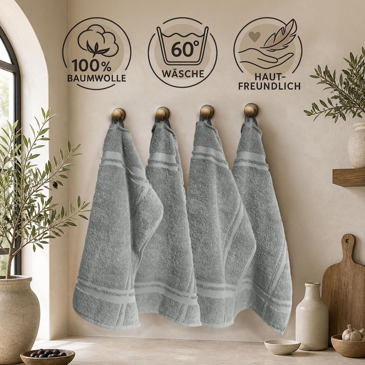 FROTTEE Küchenhandtücher 50x50 cm, 4er Set, Stein Grau - Grau, Textil (50/50cm) - Lashuma