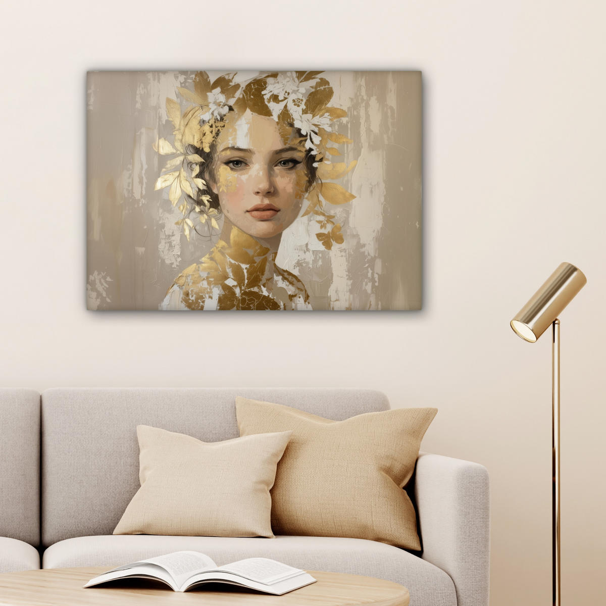 LEINWANDBILD Gesicht - Frau - Blätter - Gold Wandbilder 80x60 cm - Beige, Textil (80/60cm) - MuchoWow