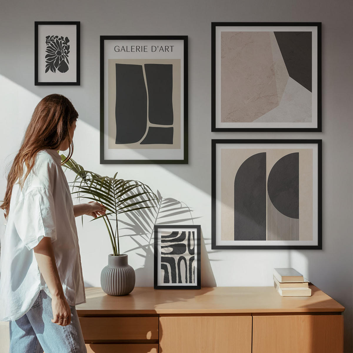BILDER SET 5er Set - 50x50 cm & 20x30 cm & 40x60 cm Schwarzer Rahmen - Abstrakte minimalistische Poster - Schwarz, Kunststoff (40/60cm) - TULUP