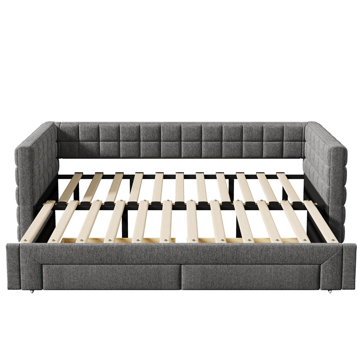ROZKLADACIA posteľ 90/200 cm sivá zo zamatu a MDF s hranatým operadlom, výsuvným lôžkom a 2 zásuvkami - sivá, textil (90/200cm) - OKWISH