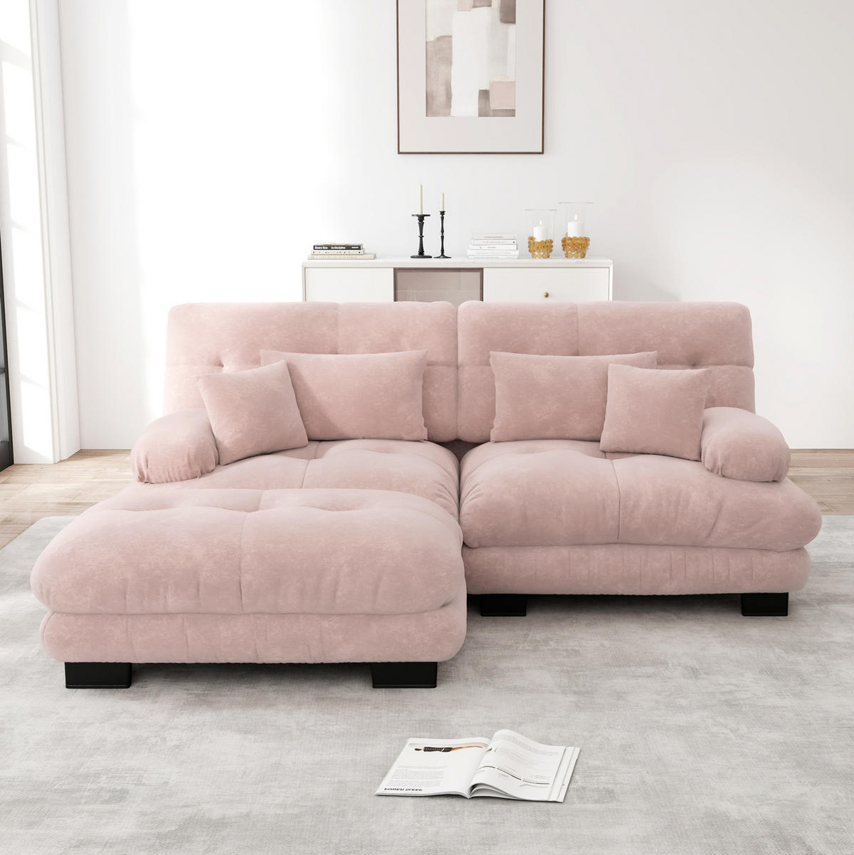ECKSOFA modular mit beweglichen Ottomane, breiten Polsterarmlehnen und Kissen aus Chenille, Pink - Pink, Textil (220/145cm) - Redom