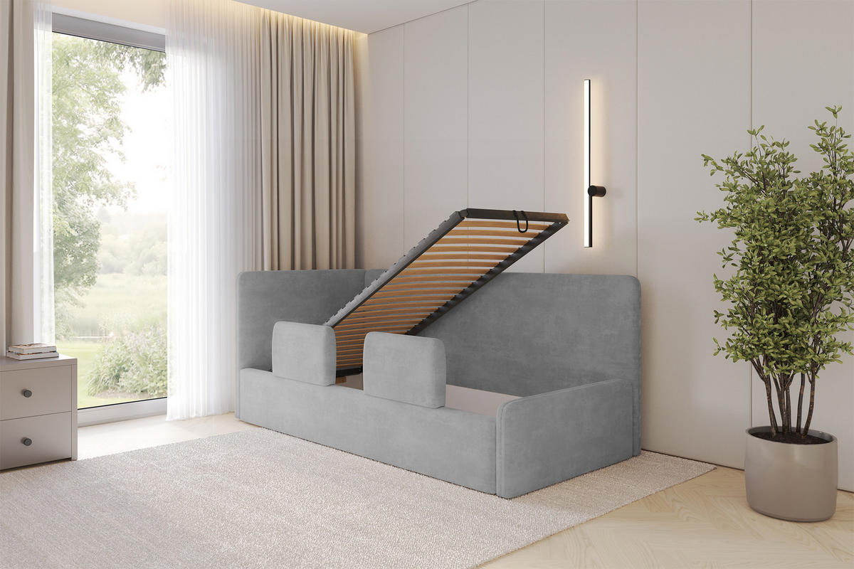 EINZELLBETT Jugendbett mit Bettkasten, Rechts - NORY 100x200 Grau - Silberfarben, Holzwerkstoff/Textil (100/200cm) - ALTDECOR