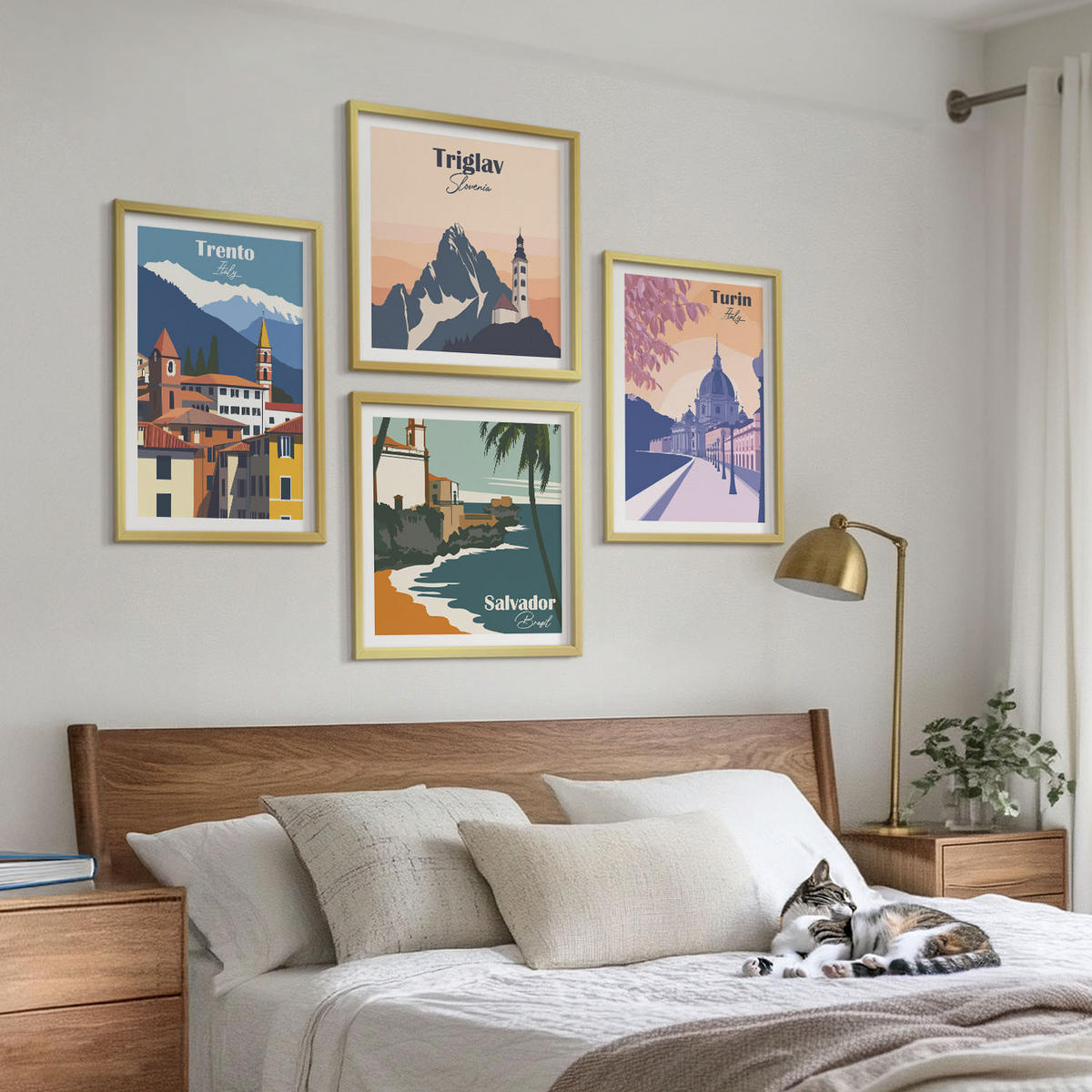 BILDER SET 4er Set - 50x50 cm & 40x60 cm Goldrahmen - Illustrationen zur Retro-Architektur der Berge - Goldfarben, Kunststoff (50/50cm) - TULUP
