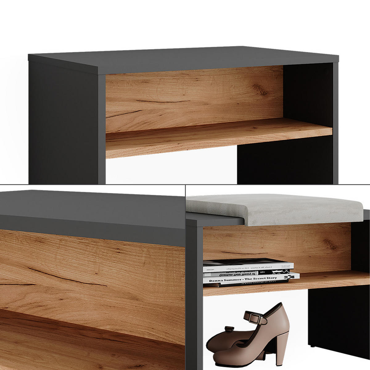 SCHUHBANK Orlando Anthrazit/Goldkraft Eiche 60 x 60 cm - Honigeiche/Anthrazit, Holzwerkstoff (60/60/40cm) - Vicco