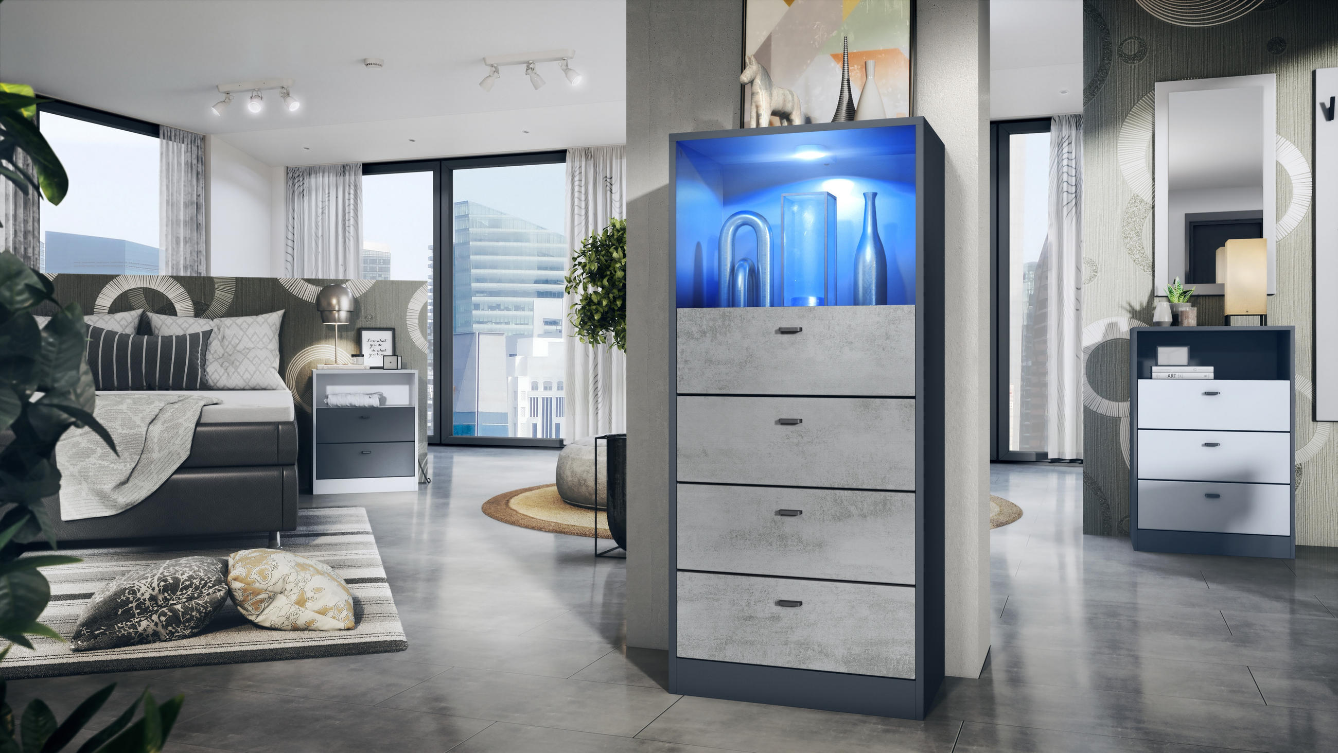 KOMMODE Pino Fronten in Beton Oxid Optik - Hellgrau, Holzwerkstoff (56/125/36cm) - Vladon