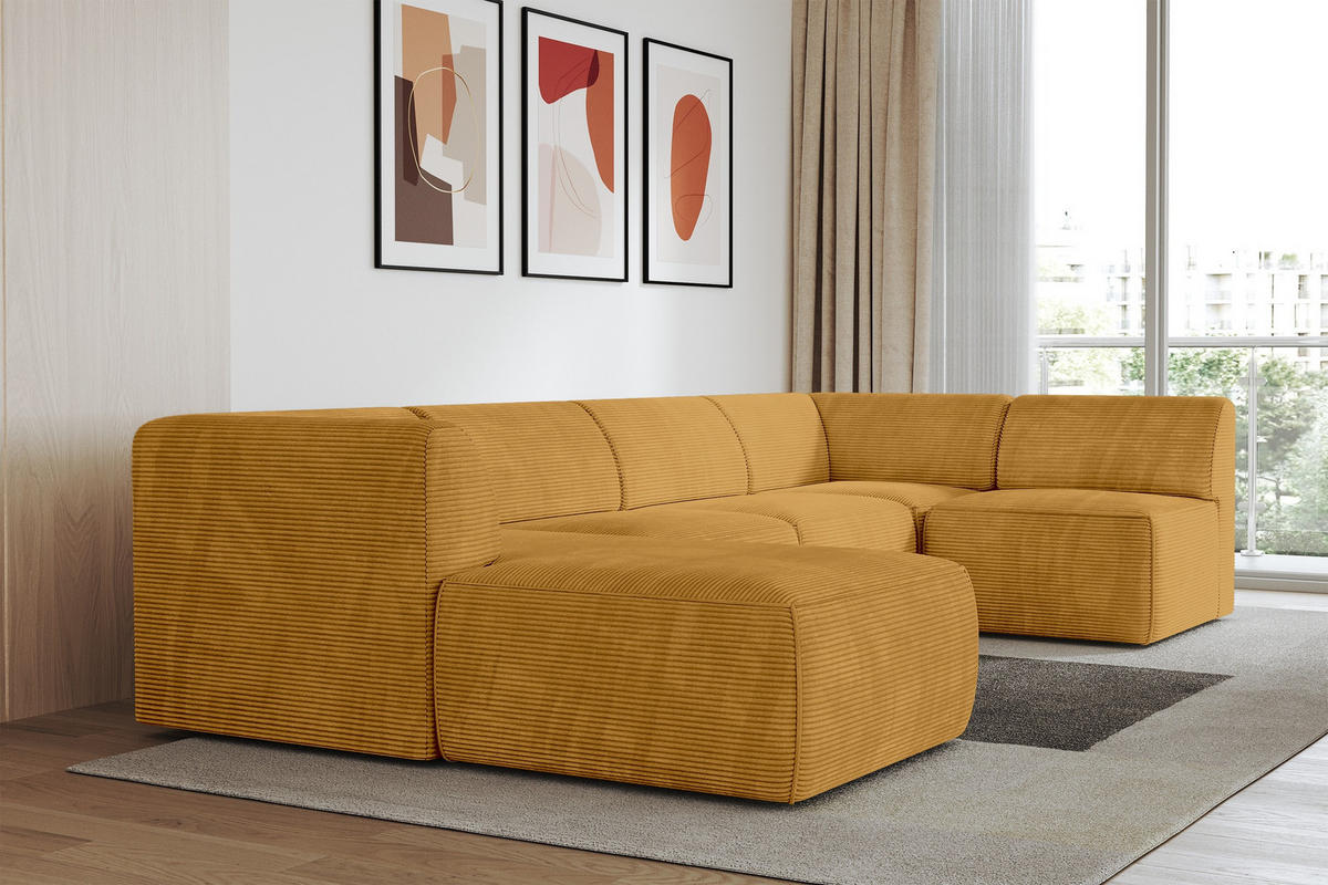 WOHNLANDSCHAFT Ottomane Links MOVA 345x180x78 Senfgelb Cord - Currygelb/Dunkelgelb, Holzwerkstoff/Kunststoff (180/78/345cm) - ALTDECOR