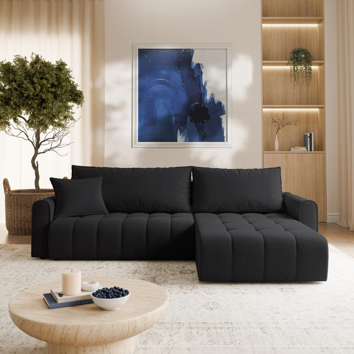 ECKSOFA FRIGA Schwarz Strukturstoff mit Schlaffunktion - Schwarz, Holz (283/185cm) - MASSENO