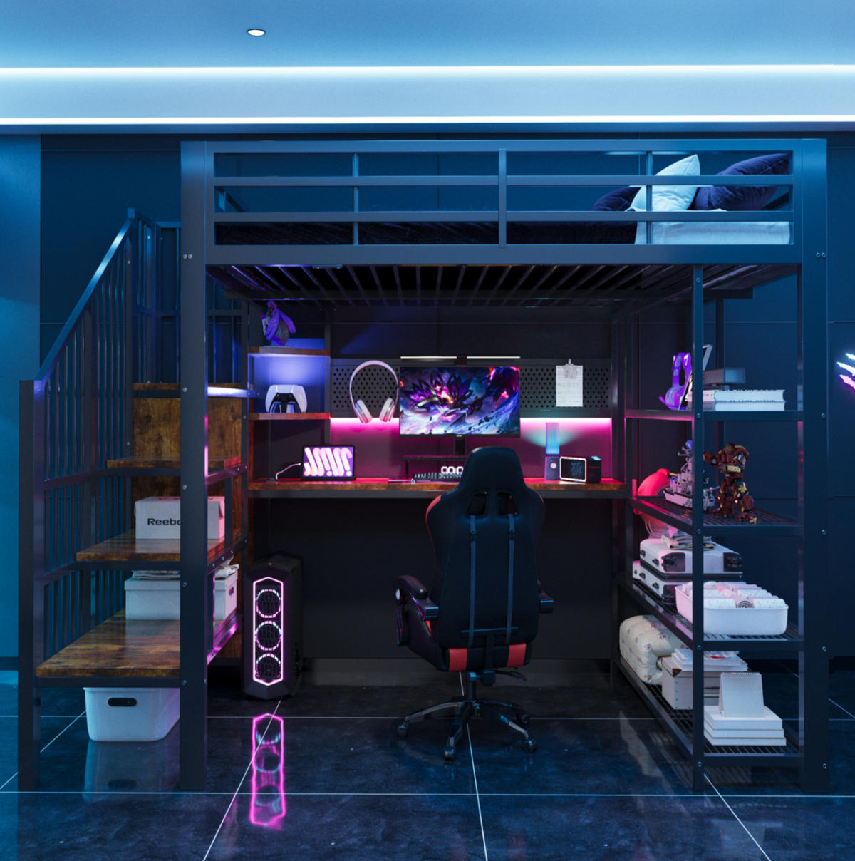 HOCHBETT 140/200 cm aus Metall und Holz mit Treppe, LED Schwarz - Schwarz, Metall (140/200cm) - OKMYHOME