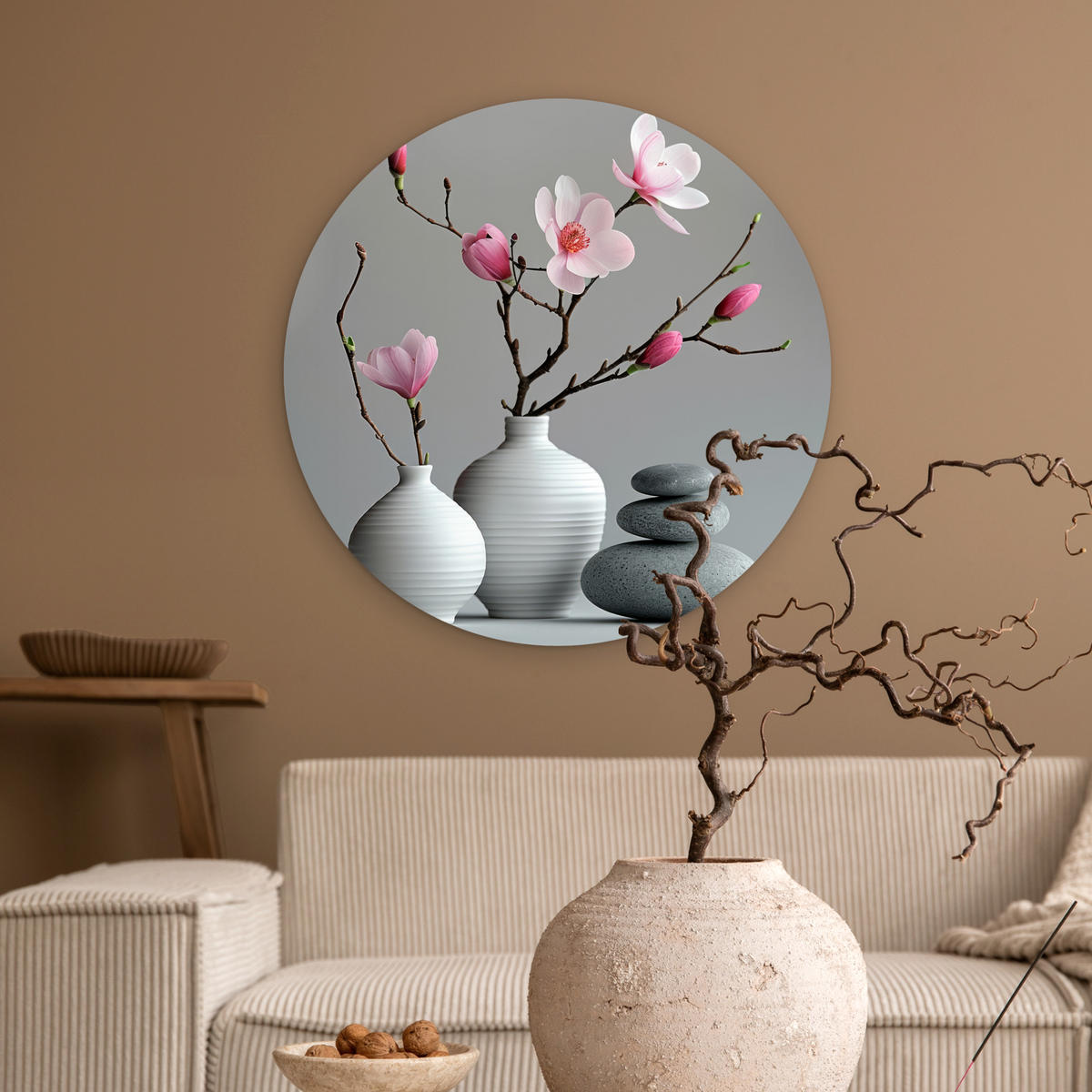 WANDBILD Magnolie - Blumen - Rosa - Zen-Steine 60x60 cm - Hellgrau, Kunststoff (60/60cm) - MuchoWow