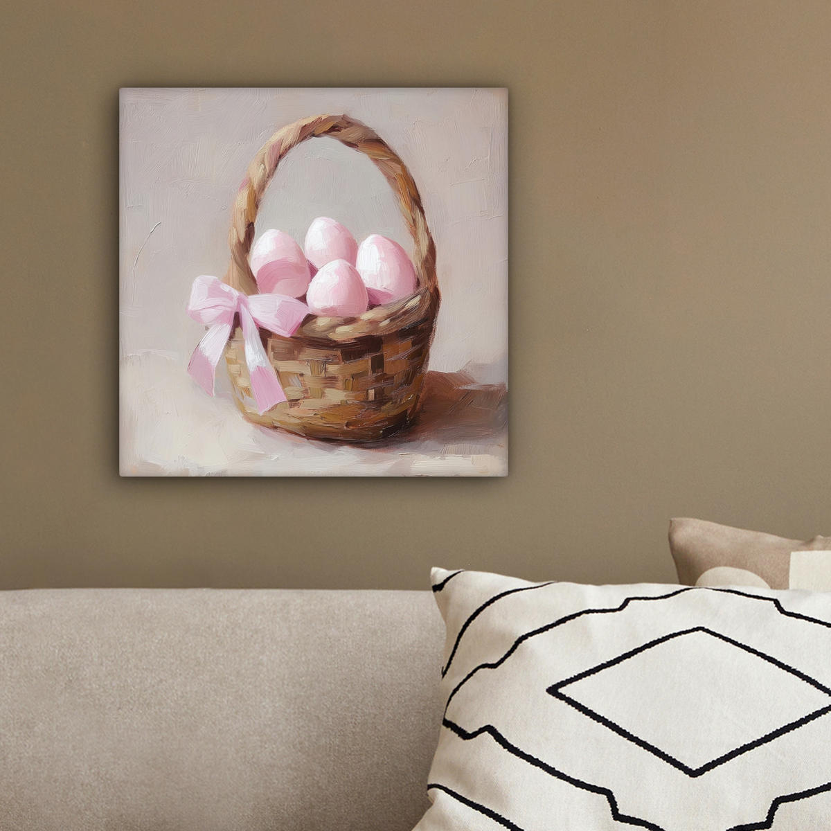 LEINWANDBILD Korb - Eier - Rosa Deko Wohnzimmer 20x20 cm - Beige, Textil (20/20cm) - MuchoWow