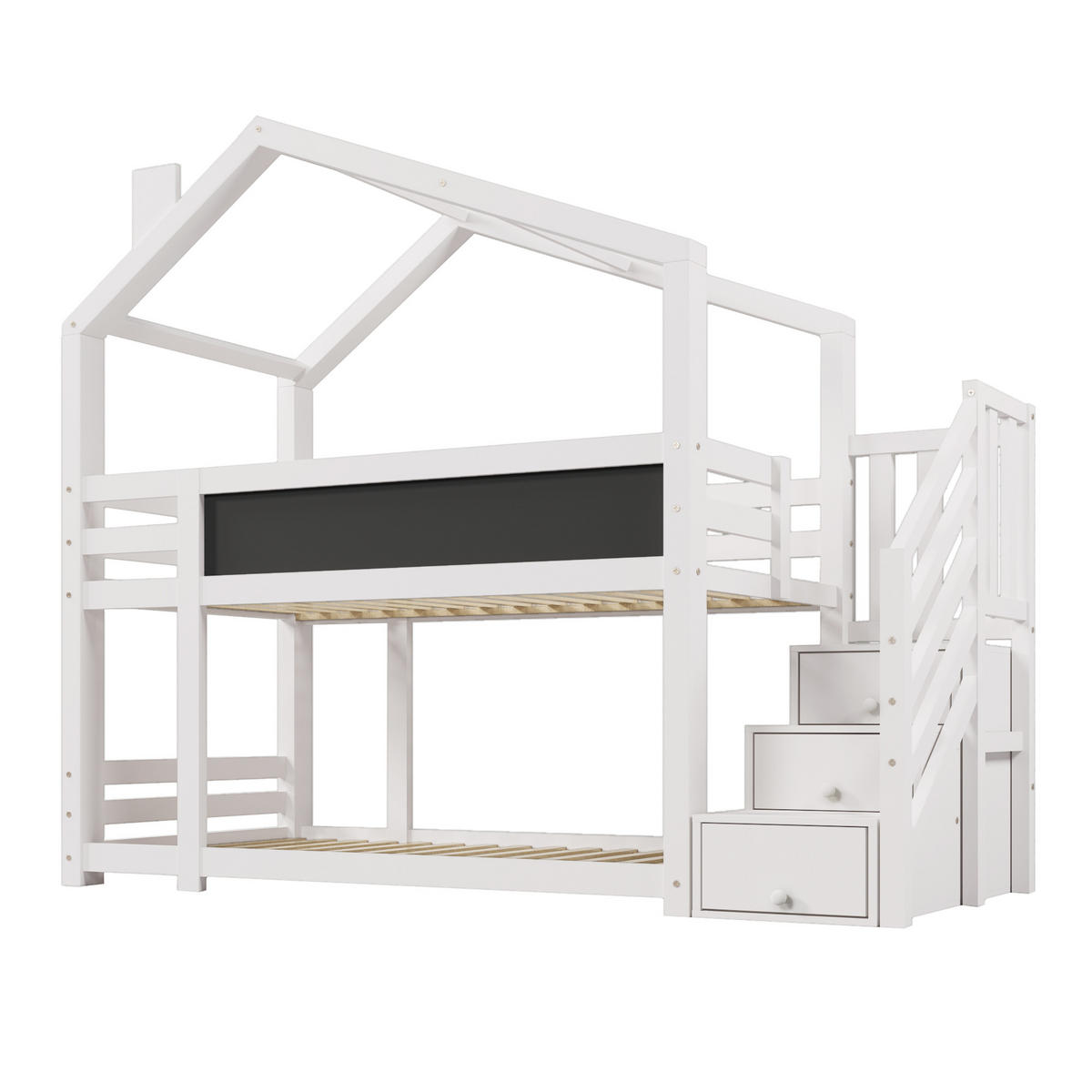 ETAGENBETT aus Kiefer-Massivholz und MDF 90x200 cm in Weiß mit Tafel & Stauraum - Weiß, Holzwerkstoff (90/200cm) - Modfu