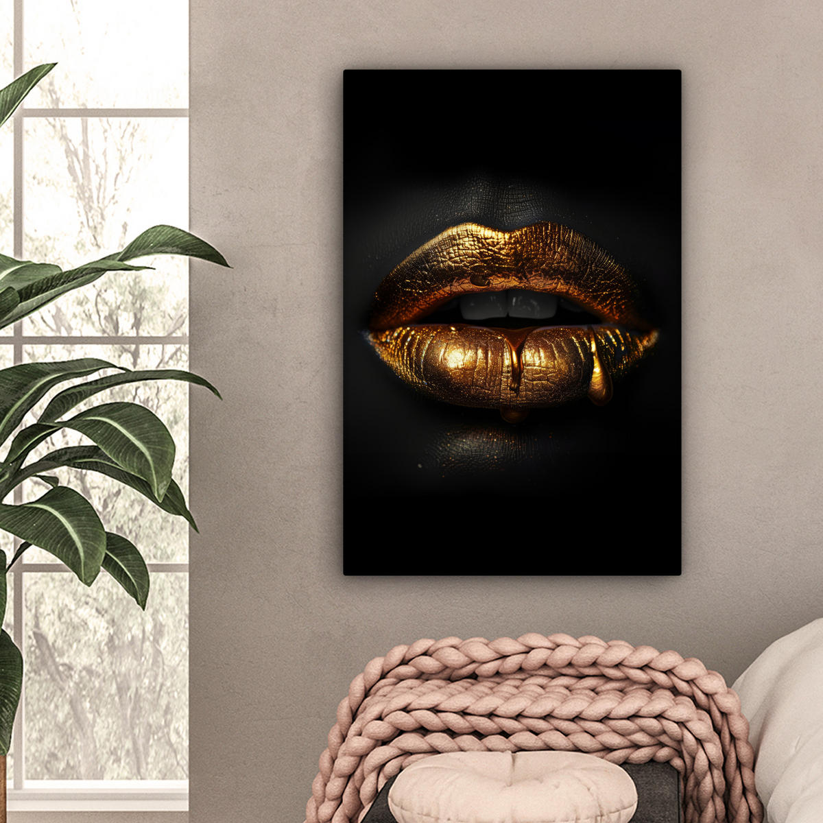 LEINWANDBILD Frau - Porträt - Lippen - Gold - Schwarz Wanddeko Schlafzimmer 60x90 cm - Schwarz, Textil (60/90cm) - MuchoWow
