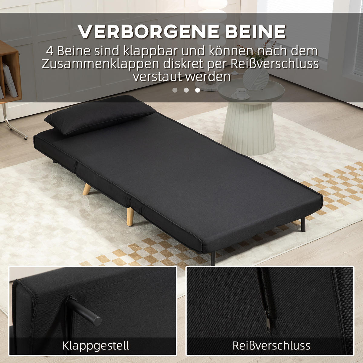 SCHLAFSESSEL, 2-in-1 Schlafsofa mit Bettfunktion, Zierkissen bis 350 kg Schwarz - Schwarz/Naturfarben, Holz/Textil (78/80/94cm) - HOMCOM
