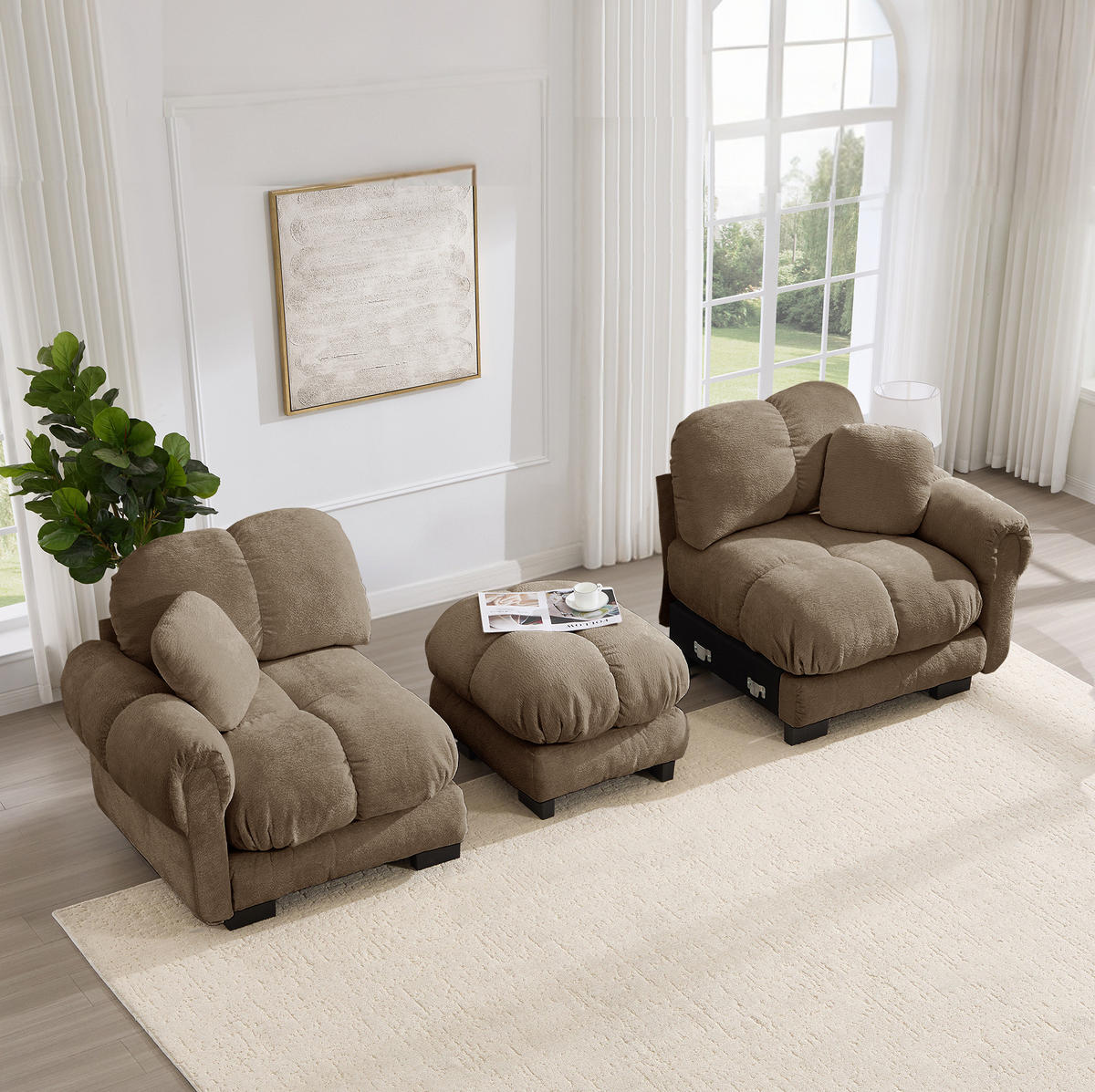 SOFA aus Chenille Braun mit mobilem Hocker - Braun, Holz (149/190cm) - Meubliv