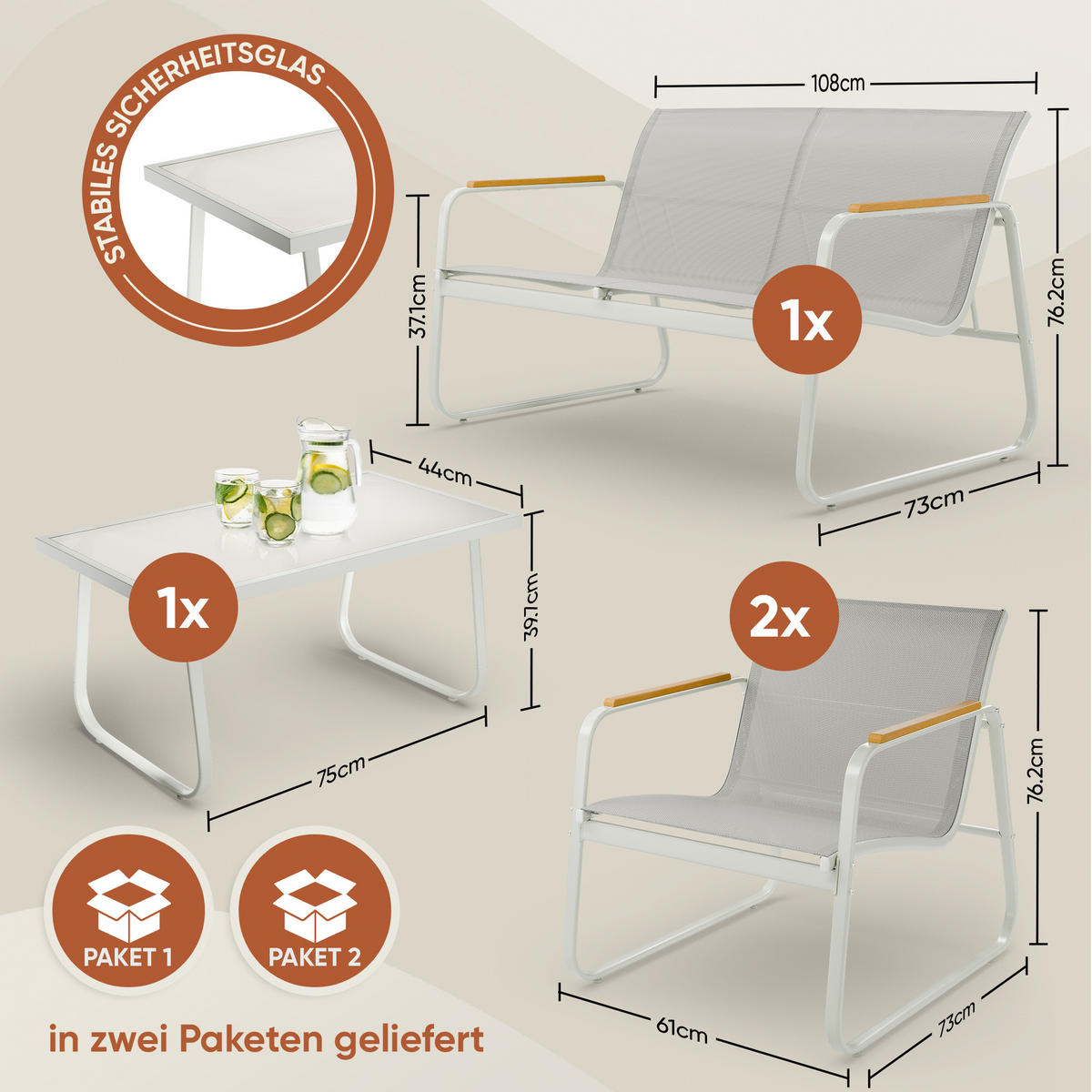 GARTENMÖBEL 4er Set, 2 Sessel 1 Tisch und 1 Bank, Grau - Grau, Metall - Blumtal
