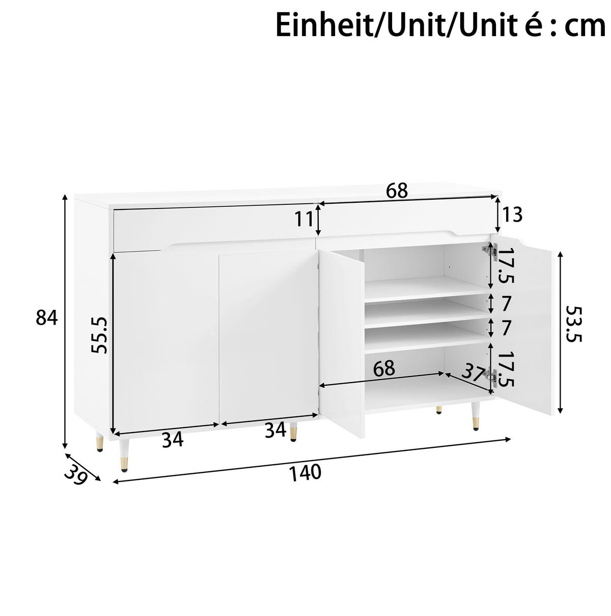 SCHUHSCHRANK 140/39/84 cm weiß-gold aus Spanplatte mit 2 Schubladen - Weiß, Holzwerkstoff (140/84/39cm) - OKWISH