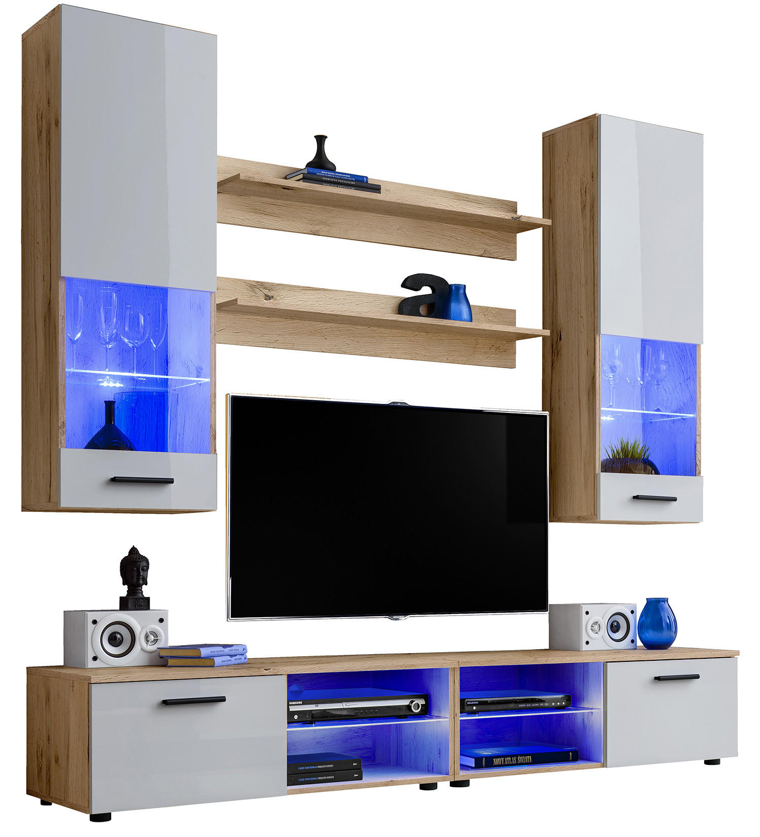 WOHNZIMMERSET VARALLO, 6er-Set, Eiche Wotan, Front Hochglanz Weiß , LED Blau - Eiche Wotan/Schwarz, Glas/Holzwerkstoff (200/190/45cm) - Komodee