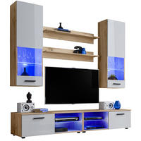 WOHNZIMMERSET VARALLO, 6er-Set, Eiche Wotan, Front Hochglanz Weiß , LED Blau - Eiche Wotan/Schwarz, Glas/Holzwerkstoff (200/190/45cm) - Komodee