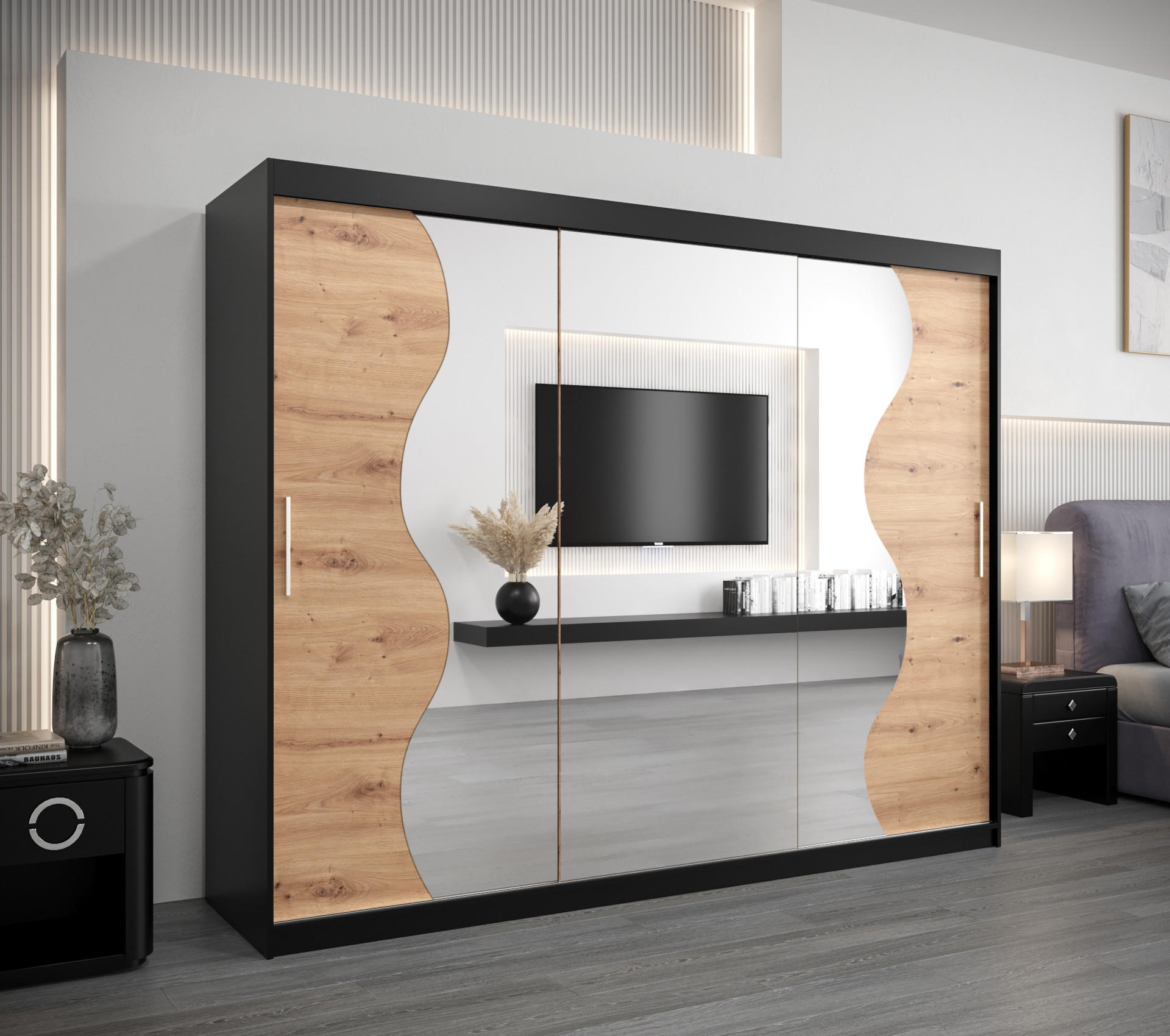 SCHWEBETÜRENSCHRANK 200/250/62 3-türig - Silberfarben/Schwarz, Holz/Kunststoff (250/200/62cm) - MÖBEL KRYSPOL