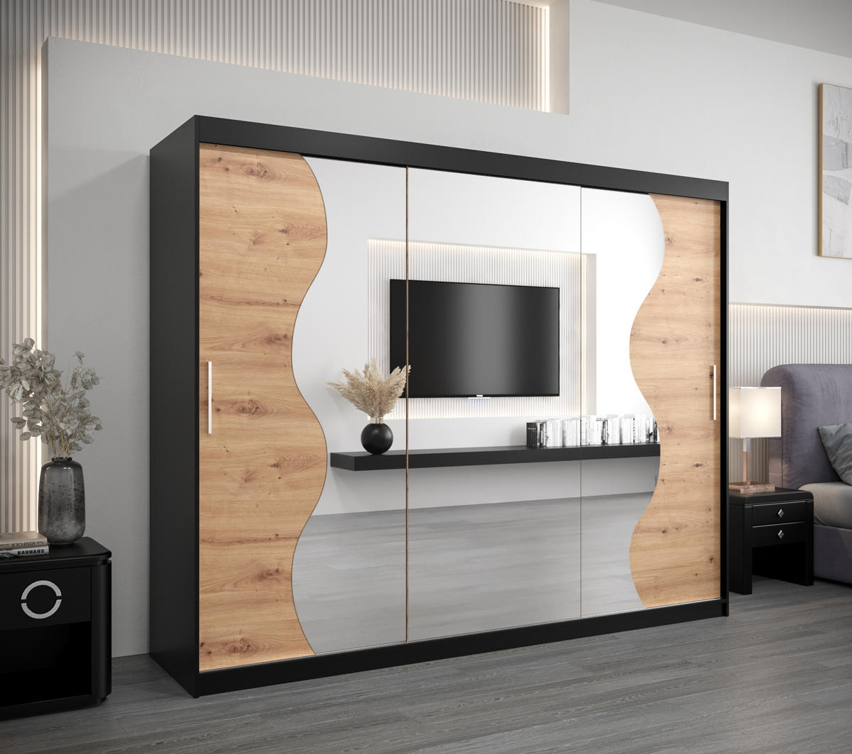 SCHWEBETÜRENSCHRANK 200/250/62 3-türig - Silberfarben/Schwarz, Holz/Kunststoff (250/200/62cm) - Abiks Möbel