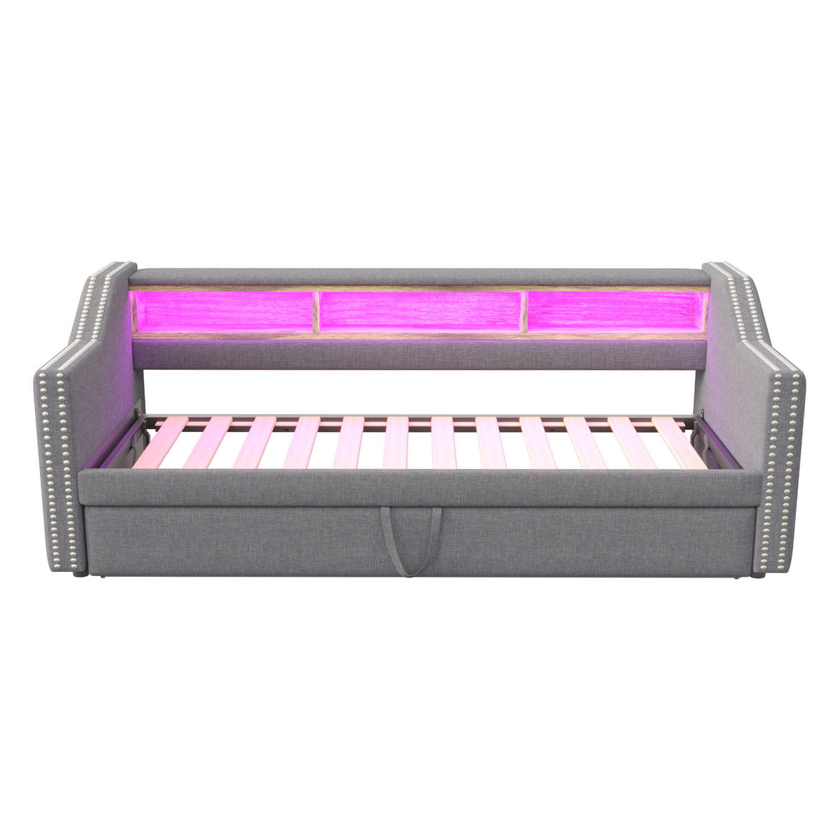 BETT Ausziehbar 90/190 cm mit LED-Beleuchtung & USB-Anschluss Hellgrau - Hellgrau, Textil (90/190cm) - OKWISH