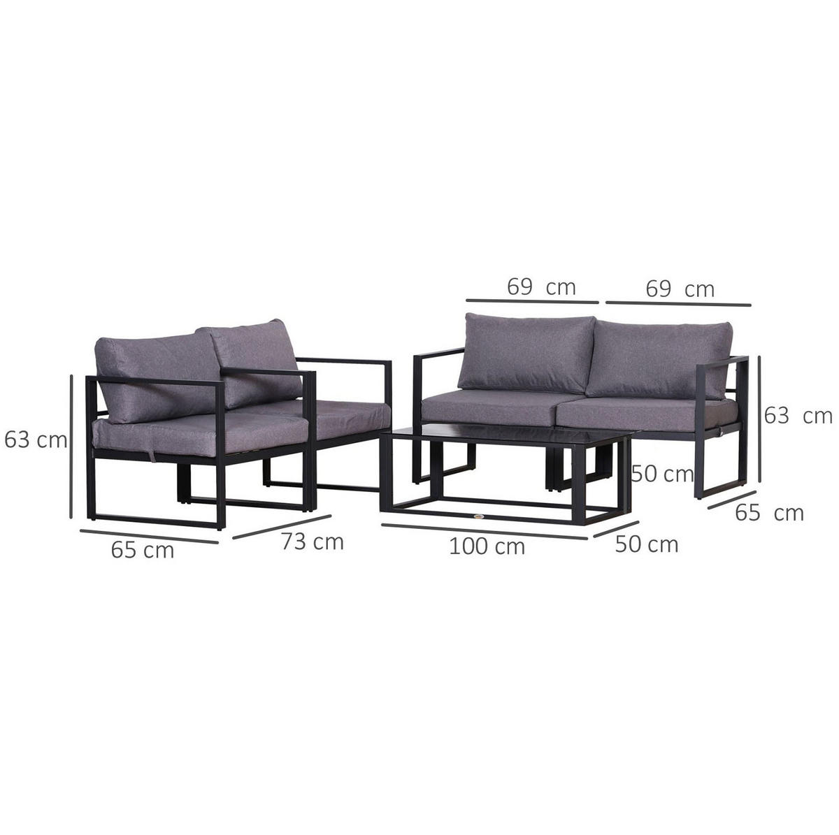 GARTENMÖBEL-SET 138/69/63 cm kombinierbar mit Sitzkissen und Tisch mit ESG-Glasplatte, Grau - Grau, Metall - Redom
