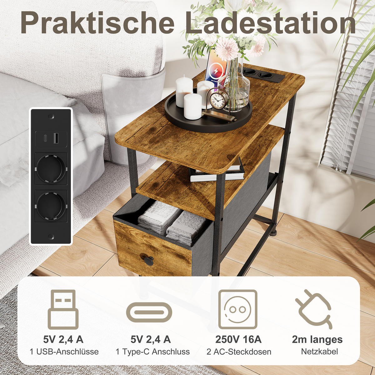 NACHTTISCH LED USB Schublade offene Fächer Tigerstreifen - Naturfarben, Holz (60/62/30cm) - LEBENLANG