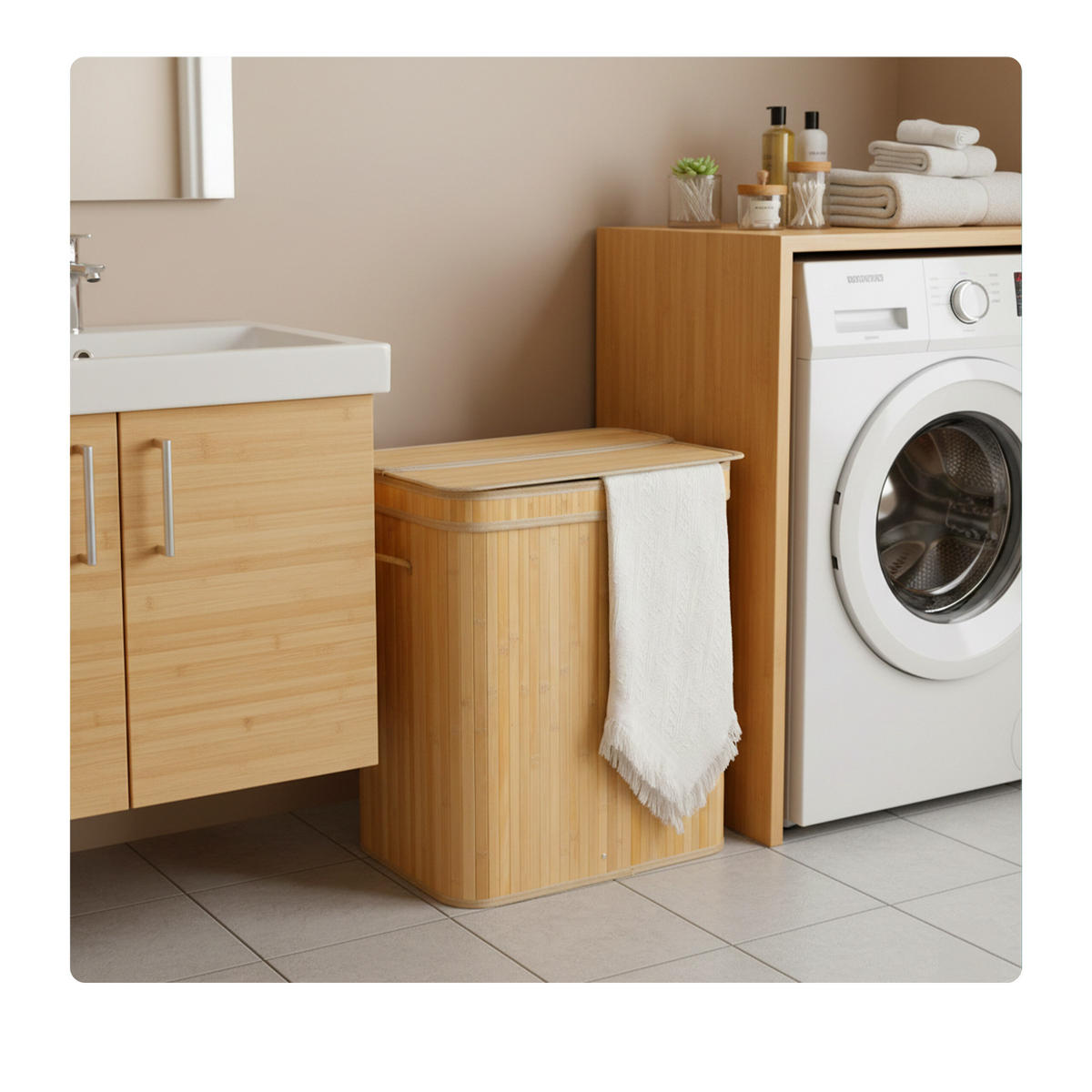 KÔŠ na prádlo - svetlohnedá, drevo/textil (30/40/60cm) - Relaxdays