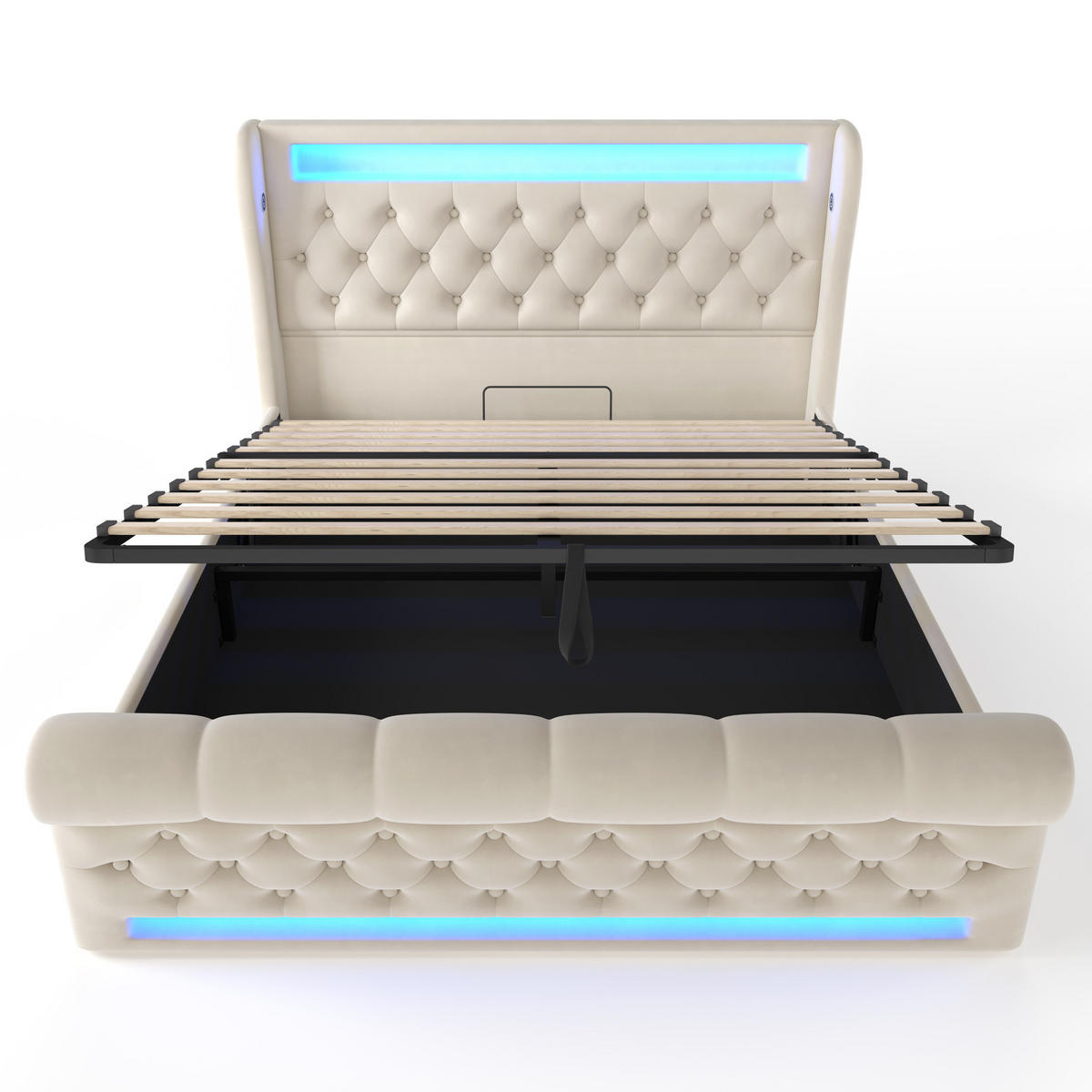 POLSTERBETT 140/190 cm Beige aus Samt mit LED und Stauraum - Beige, Textil (140/190cm) - OKMYHOME
